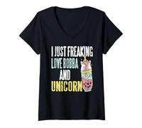 Donna Amo Il Bobba e Gli Unicorni Bubble Drink Maglietta con Collo a V