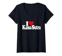 Donna Amo Il Cuore Kama Sutra Kamasutra Maglietta con Collo a V