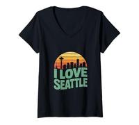 Donna Amo Il Design Vintage dello Skyline Urbano di Seattle Maglietta con Collo a V