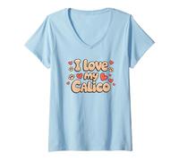 Donna Amo il mio Calico Cat Hearts and Cat Paws Cat Mamma Cat Dad Maglietta con Collo a V