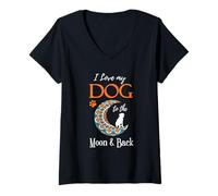 Donna Amo Il Mio Cane sulla Luna e Ritorno Maglietta con Collo a V