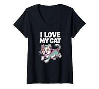 Donna Amo il mio gatto, adorabile grafica con gattino Maglietta con Collo a V