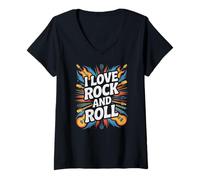 Donna Amo il rock and roll Guitar Explosion Maglietta con Collo a V