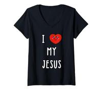 Donna Amo Jesus Nome Divertente Maglietta con Collo a V