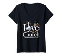 Donna Amo la mia Chiesa Cross Christian Streetwear Maglietta con Collo a V