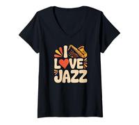 Donna Amo la Musica Jazz con Sassofono Heart Maglietta con Collo a V