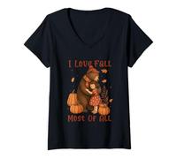 Donna Amo l'autunno soprattutto Autumn Bear Maglietta con Collo a V
