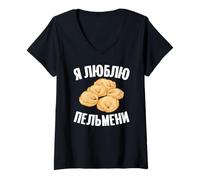 Donna Amo Pelmeni Pasta Cibo Russo dalla Russia Maglietta con Collo a V