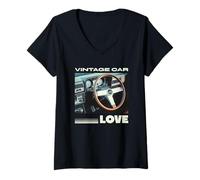 Donna Amore Auto d'Epoca (Grafica Auto Classica) Maglietta con Collo a V