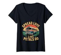 Donna amore Diffusione come petali fare retrò Oldtimer bus Maglietta con Collo a V