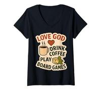 Donna Amore Dio Bere caffè Gioca Giochi da Tavolo Amante Retro Vintage Maglietta con Collo a V