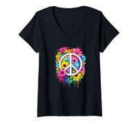 Donna Amore & Pace Hippie Flower-Power Segni di Pace Fiori Maglietta con Collo a V