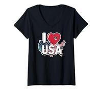Donna Amore USA Cuore Liberty Statue Map Aquila Maglietta con Collo a V