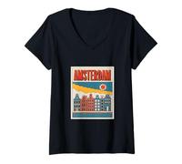 Donna Amsterdam Paesi Bassi Pop Retro Cityscape Olanda Maglietta con Collo a V