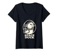 Donna Anatra Spaziale Astronauta Divertente Animale Fantascienza Design Maglietta con Collo a V