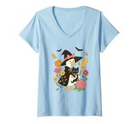 Donna Anatra Strega e Gatto Halloween Magia Maglietta con Collo a V