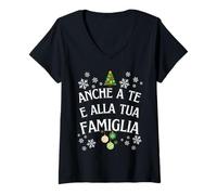 Donna Anche a Te e alla Tua Famiglia, Albero di Natale, Natalizia Maglietta con Collo a V