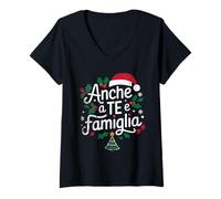 Donna Anche a Te e Famiglia Auguri Natale Christmas Xmas Maglietta con Collo a V