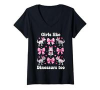 Donna Anche alle Ragazze piacciono i Dinosauri Pink Bow T-Rex Dino Lover Coquette Maglietta con Collo a V