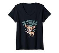 Donna Anche Un Gangsta Come Me ha Bisogno di Un Cane Chihuahua Bacio sulla Fronte Maglietta con Collo a V