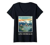Donna Ancoraggio, Alaska, Retro, Vendemmia, Orizzonte, Montagna, Tramonto Maglietta con Collo a V