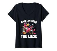 Donna And Up Goes The Luzie Flamingo Vino Vacanze Festeggiamenti Maglietta con Collo a V