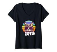 Donna ANDREA - Bel nome da ragazza con un gatto cool Maglietta con Collo a V
