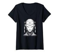Donna Android futuristico e Harmony Cyber Samurai AI Maglietta con Collo a V