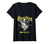 Donna Angelo Custode Spirit Cherubino Angelcore Gotico Blackletter Maglietta con Collo a V