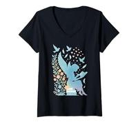 Donna Angelo Ragazza Lettura Floreale Uccello Piume Bookworm Book Lovers Maglietta con Collo a V
