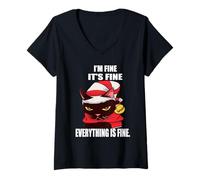 Donna Angry Cat I'm Fine It's Fine Everything Is Fine Christmas Maglietta con Collo a V