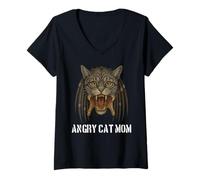Donna Angry Cat Mom for Owner of Really Evil Cat, divertente gioco di parole Maglietta con Collo a V