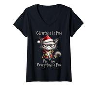 Donna Animal Christmas Cat Cats Xmas Chaos Maglietta con Collo a V