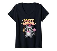 Donna Animal Raccoon Carino Divertente Compleanno Vibes Maglietta con Collo a V