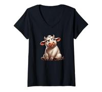 Donna Animale del fumetto seduto della mucca sveglio scontroso Maglietta con Collo a V