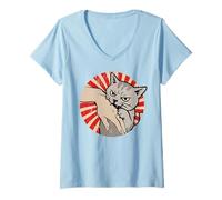Donna Anime Cat Bite Japanese Art Retro Kawaii Kitten Lover Funny Maglietta con Collo a V