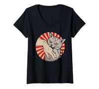 Donna Anime Cat Bite Japanese Art Retro Kawaii Kitten Lover Funny Maglietta con Collo a V
