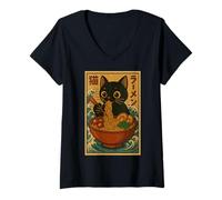 Donna Anime Cat Ramen Japanese Funny Cute Kawaii Cat Anime Maglietta con Collo a V