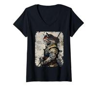 Donna Anime d'Arte Giapponese Vintage Samurai Cat Graphic Warrior Maglietta con Collo a V