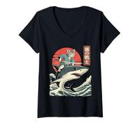 Donna Anime Gatto Equitazione Squalo Giapponese Ukiyo-e Art Samurai Cat Maglietta con Collo a V
