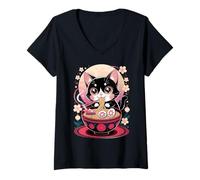 Donna Anime Giapponese Gatto Ramen Kawaii Gatto Mangiare Tagliatelle Maglietta con Collo a V