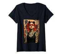 Donna Anime Kawaii Japanese Samurai Geisha Tattoo K-Pop Y2K Manga Maglietta con Collo a V