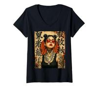 Donna Anime Kawaii Japanese Samurai Geisha Tattoo K-Pop Y2K Manga Maglietta con Collo a V