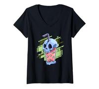Donna Anime Kawaii, Skeleton Head, Bubble Tea, Boba Tea Maglietta con Collo a V