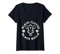 Donna Anime Nero Invecchiato Clover Black Bulls Maglietta con Collo a V