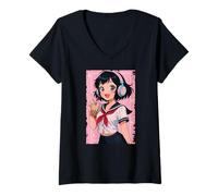 Donna Anime Ragazza Giapponese Waifu Gamer Giappone Boba Tea Otaku Maglietta con Collo a V