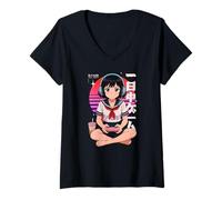Donna Anime Ragazza Retro Gioco Giapponese Tutto Il Giorno Gamer Giappone Boba Tea Maglietta con Collo a V