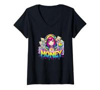 Donna Anime Style Cuffie Money Vibes Maglietta con Collo a V