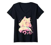 Donna Anime Waifu Carino Anime Manga Gatto Ragazza Dolce Retro Giappone Maglietta con Collo a V