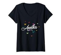 Donna Annika - Bellissimo Nome di Ragazza con Farfalle Colorate Maglietta con Collo a V